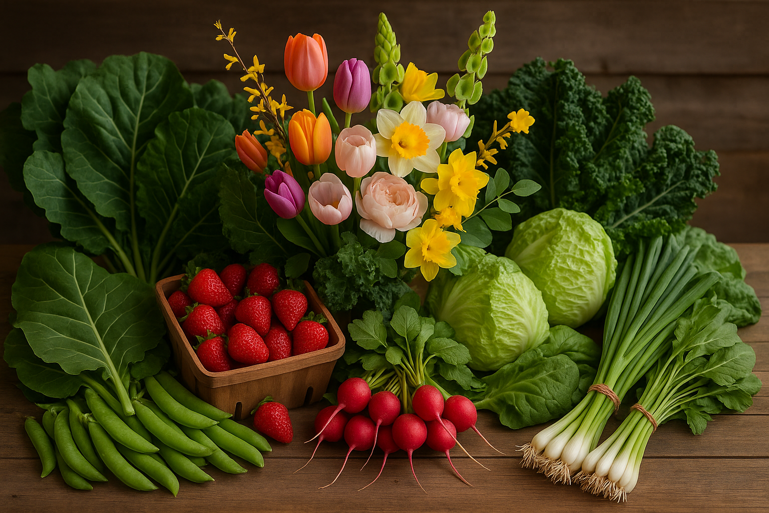 snap peas, greens, strawberries, radishes, lettuce, green onions, strawberries and spring flower bouquet with flowers like tulips, peonies, daffodils, forsythia, bells of ireland